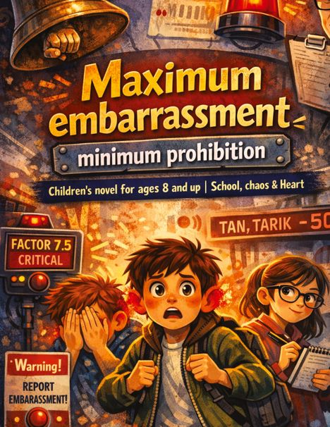 „Maximum embarrassment, minimum prohibition. Children's novel for ages 8 and up. School, chaos & Heart.“ Illustration von drei Kindern.