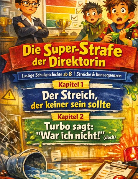 Plakat: "Die Super-Strafe der Direktorin." Zwei Kinder erschrocken, eine ernste Frau, Chaos mit umgekipptem Eimer.