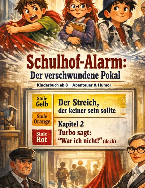 Buchtitel: Schulhof-Alarm: Der verschwundene Pokal. Kapitel 2: Turbo sagt: "War ich nicht!" Illustration mit drei Kindern und zwei Erwachsenen.