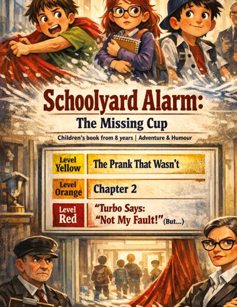 "Schoolyard Alarm: The Missing Cup" ist ein Kinderbuch ab 8 Jahren, voller Abenteuer und Humor. Eine Illustration zeigt drei Kinder.