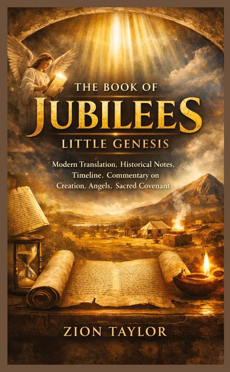 Deckblatt von "The Book of Jubilees: Little Genesis" von Zion Taylor, mit Engel, Schriftrollen und ländlicher Szene.