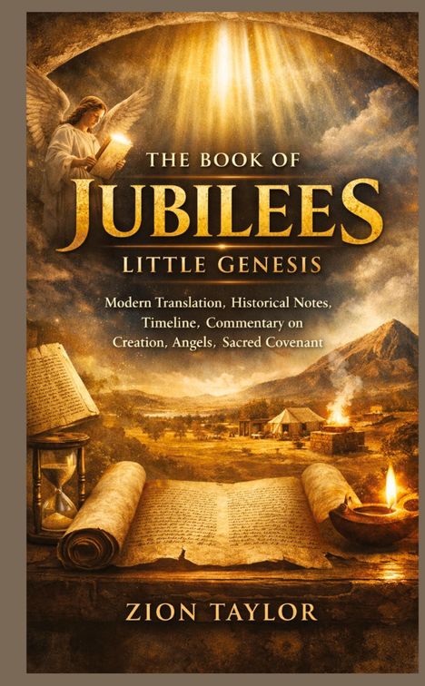 "The Book of Jubilees: Little Genesis" ist in großen Buchstaben geschrieben. Ein Engel, eine Landschaft, Schriftrollen sind zu sehen.