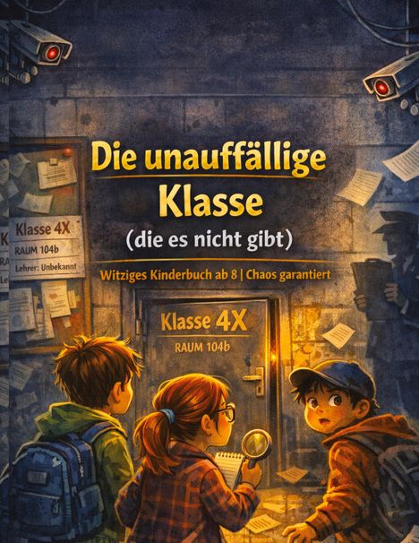„Die unauffällige Klasse (die es nicht gibt)“, „Witziges Kinderbuch ab 8 | Chaos garantiert“. Kinder vor Tür mit Überwachungskameras.