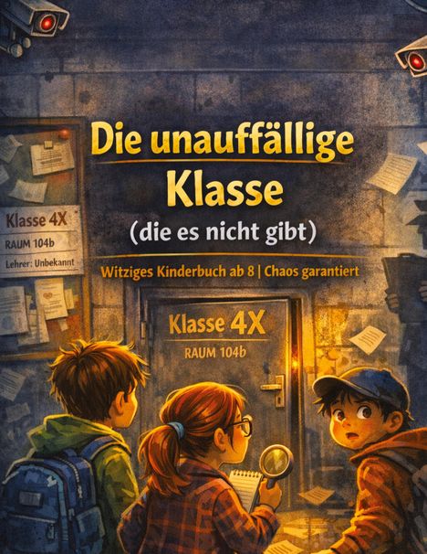 "Die unauffällige Klasse (die es nicht gibt). Witziges Kinderbuch ab 8 | Chaos garantiert." Drei Kinder vor einer Tür.