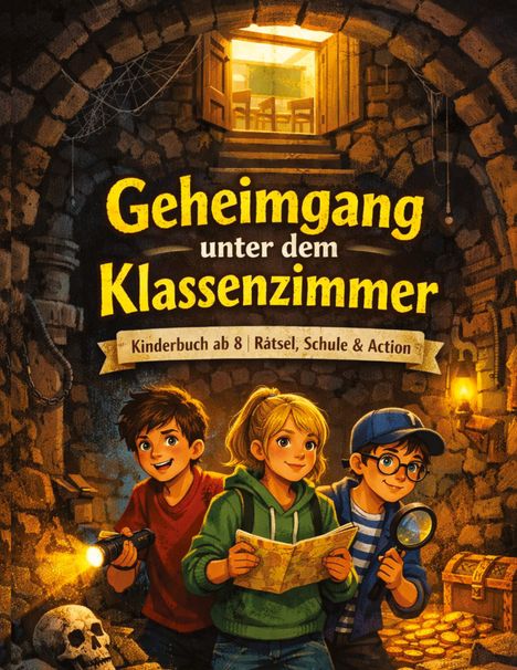 „Geheimgang unter dem Klassenzimmer“, Kinderbuch ab 8; drei Kinder in Höhle, eines hält eine Karte, eines eine Lupe.