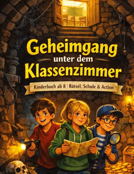 Titel: "Geheimgang unter dem Klassenzimmer". Drei Kinder mit Taschenlampen und Karte in einem geheimnisvollen Keller.