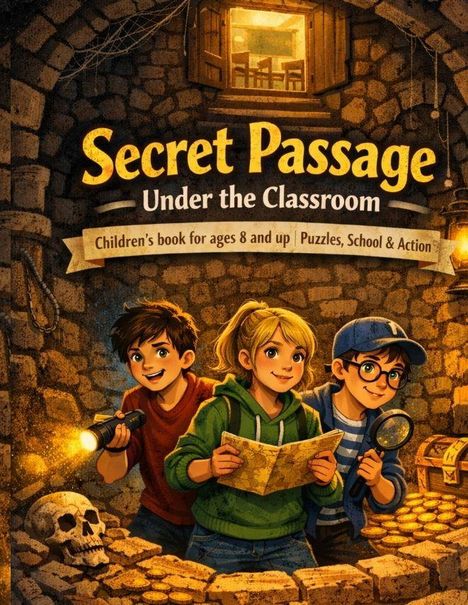 "Secret Passage Under the Classroom. Children's book for ages 8 and up | Puzzles, School & Action." Drei Kinder erkunden einen geheimen, schatzgefüllten Tunnel.