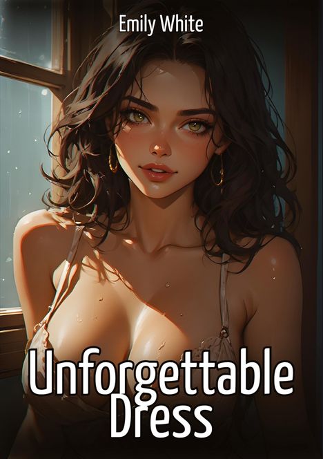 "Emily White, Unforgettable Dress" steht in weißem Text. Eine Illustration einer Frau mit nassem Haar und Ohrringen.
