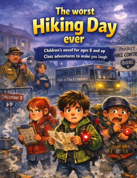 "The Worst Hiking Day Ever. Chapter 1: The Hiking Day Starts Too Early." Illustration von Kindern im Wald mit Rucksäcken.