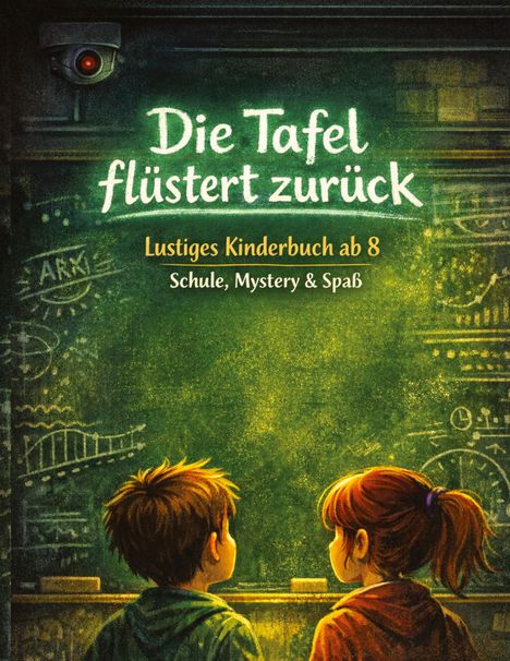 „Die Tafel flüstert zurück“, Kinderbuch ab 8, Schule, Mystery & Spaß. Zwei Kinder blicken auf eine beschriebene Tafel.