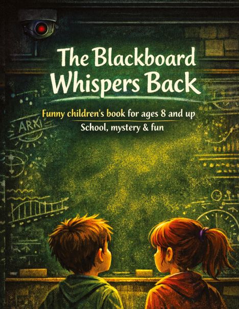 "The Blackboard Whispers Back. Funny children's book for ages 8 and up. School, mystery & fun." Zwei Kinder sehen eine Tafel an.