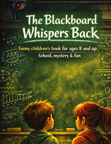 "The Blackboard Whispers Back", lustiges Kinderbuch ab 8 Jahren, Schule, Geheimnis & Spaß. Illustration: Zwei Kinder blicken auf eine Tafel.