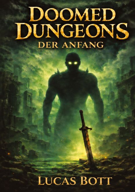 "Doomed Dungeons: Der Anfang. Lucas Bott." Ein großer Schatten mit leuchtenden Augen in zerstörtem, nebligem Grün.
