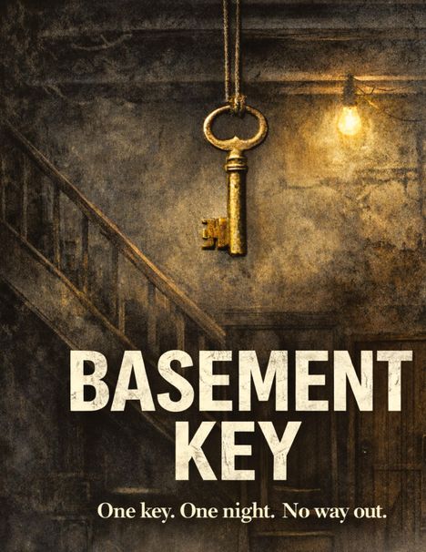 "Basement Key. One key. One night. No way out." Ein altes Schlüssel hängt, von einer Glühbirne beleuchtet, neben einer Treppe.
