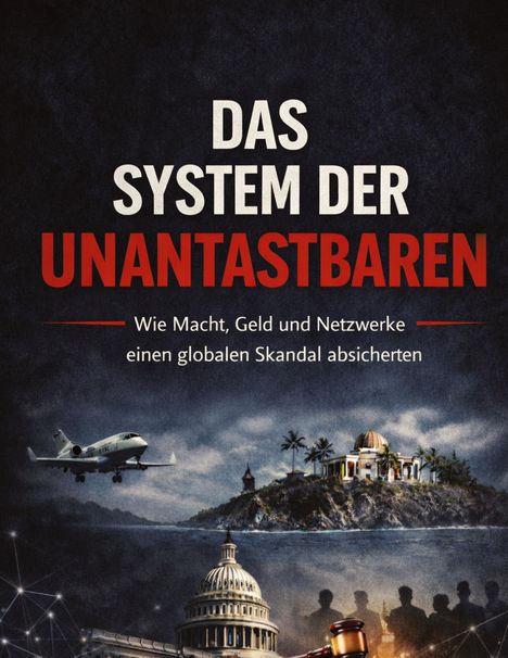 Text: "Das System der Unantastbaren. Wie Macht, Geld und Netzwerke einen globalen Skandal absicherten." Illustration: Flugzeug, Insel, Kuppelgebäude, Silhouetten.