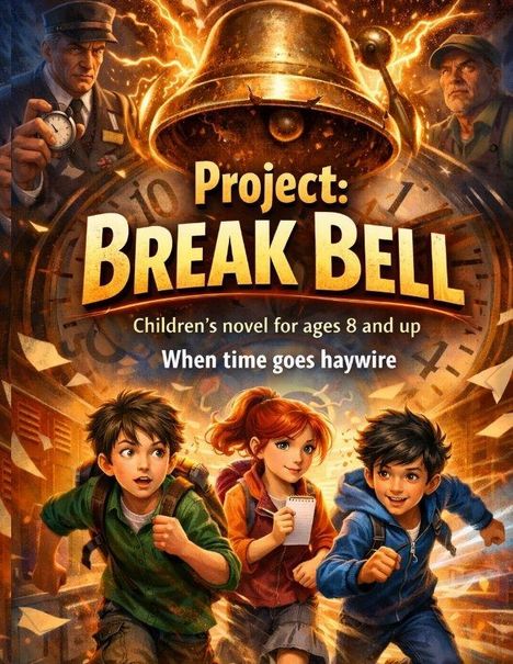 „Project: Break Bell“, Kinderroman ab 8 Jahren. Im Hintergrund eine goldene Glocke, umgeben von drei rennenden Kindern.