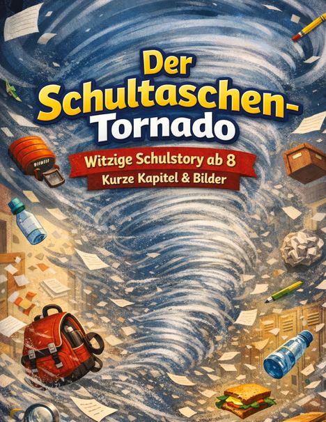 Der Schultaschen-Tornado, witzige Schulstory ab 8, kurze Kapitel & Bilder. Illustration: Tornado mit Schulsachen und Papieren.