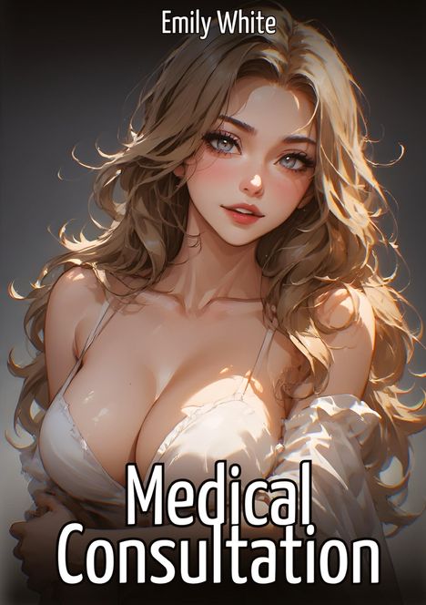 "Emily White" und "Medical Consultation". Illustration einer Frau mit langen Haaren in hellem Outfit, verträumter Blick.