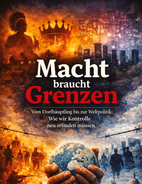 "Macht braucht Grenzen. Vom Dorfhäuptling bis zur Weltpolitik: Wie wir Kontrolle neu erfinden müssen." Hände halten die Erde.
