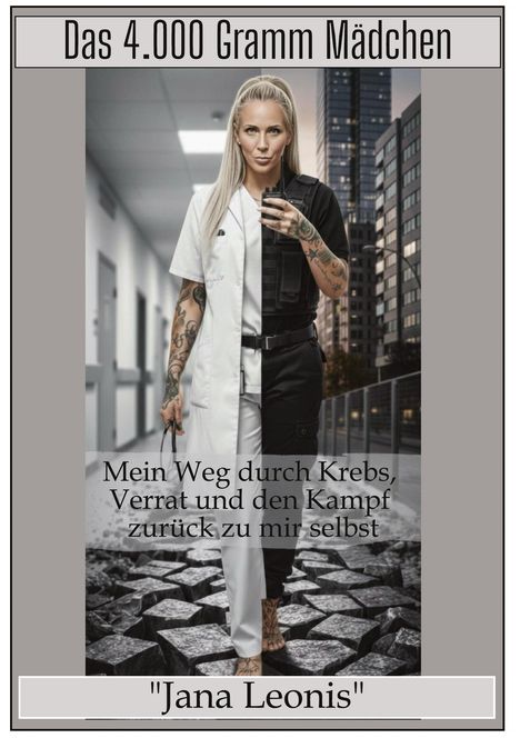 "Das 4.000 Gramm Mädchen. Mein Weg durch Krebs, Verrat und den Kampf zurück zu mir selbst. 'Jana Leonis'."

Eine Frau in geteilter Kleidung: links medizinisch, rechts schwarz.