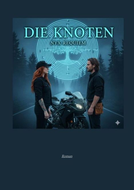 DIE KNOTEN NYX REQUIEM; Roman. Zwei Personen stehen sich auf einer Straße gegenüber, zwischen ihnen ein Motorrad.