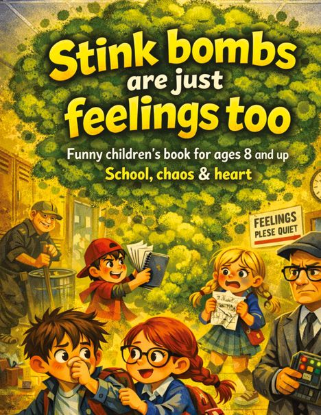 Titel: "Stink bombs are just feelings too". Illustration: Kinder mit unterschiedlichen Reaktionen auf einen grünen Duftwolke-Hintergrund.