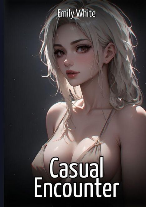 "Emily White, Casual Encounter." Eine Frau mit langen blonden Haaren lächelt, trägt ein trägerloses Top. Illustration.