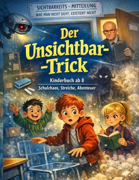 Ein Buchcover mit dem Titel "Der Unsichtbar-Trick". Drei Kinder, ein Roboter und ein Mann mit Aktentasche sind abgebildet.