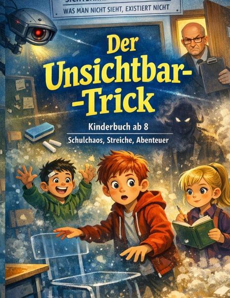 „Der Unsichtbar-Trick“, Kinderbuch ab 8. Schulchaos, Streiche, Abenteuer. Illustration: Drei Kinder, zwei schauen beeindruckt.