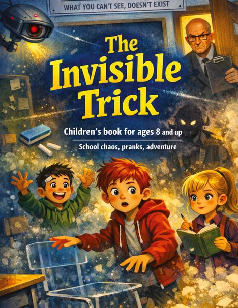 "The Invisible Trick", Kinderbuch ab 8 Jahren, Schulchaos, Streiche, Abenteuer. Drei Kinder, ein Kameralinsenauge, ein strenger Mann.