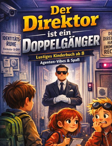 "Der Direktor ist ein Doppelgänger" steht groß. Ein Agent in Anzug steht vor drei Kindern, die neugierig schauen.