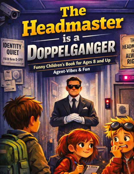 "The Headmaster is a Doppelganger" zeigt drei Kinder und einen Wachmann, alle in einer geheimnisvollen Agenten-Umgebung.