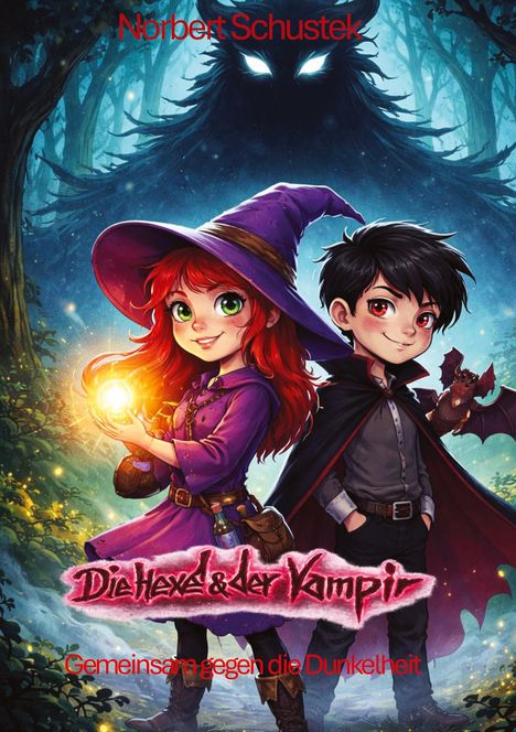 Texte: Norbert Schustek, Die Hexe & der Vampir, Gemeinsam gegen die Dunkelheit. Illustration: Hexe und Vampir im Wald.