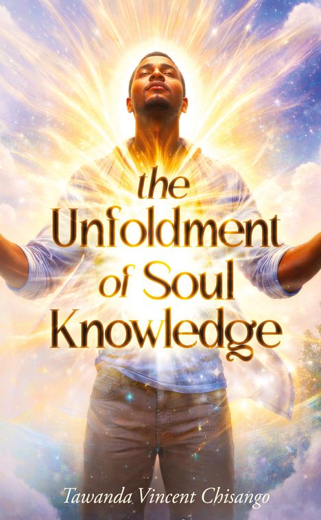 Der Text lautet „the Unfoldment of Soul Knowledge”. Ein Mann mit erhobenen Armen, umgeben von strahlendem Licht.