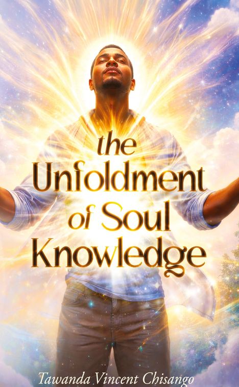 „The Unfoldment of Soul Knowledge“. Ein meditierender Mann, strahlt Licht aus, umgeben von strahlenden, goldenen Energien.