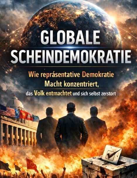 Globale Schein-Demokratie, repräsentative Macht, Volk entmachtet. Illustration: Politiker, Flammen, Wahlurne, Erde.