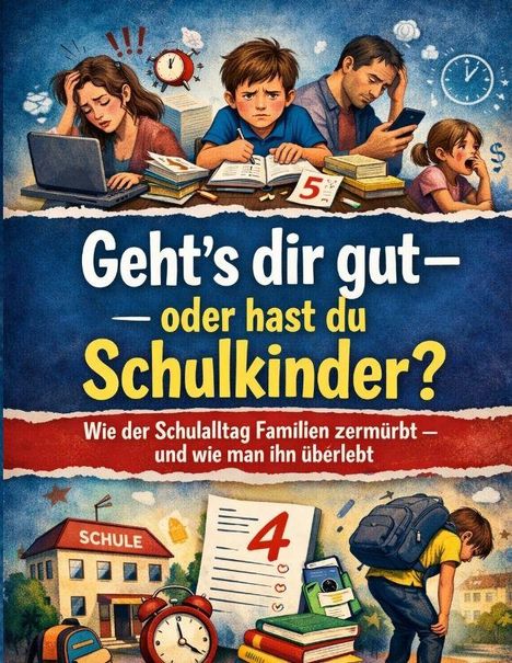 „Geht’s dir gut – oder hast du Schulkinder? Wie der Schulalltag Familien zermürbt – und wie man ihn überlebt.“ Illustration zeigt gestresste Eltern, Kind, Schulutensilien.