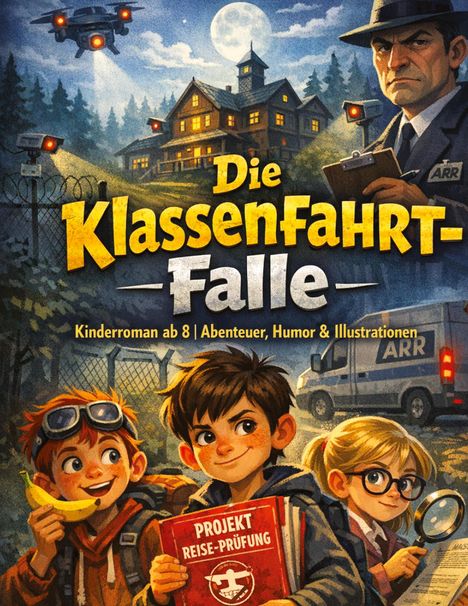 „Die Klassenfahrt-Falle“, „Projekt Reise-Prüfung“. Kinder, ein Detektiv, ein Haus im Mondschein, Drohne, Van mit „ARR“.