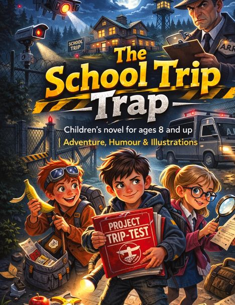 "The School Trip Trap", "Children’s novel for ages 8 and up", "Adventure, Humour & Illustrations". Drei Kinder, Spannung.