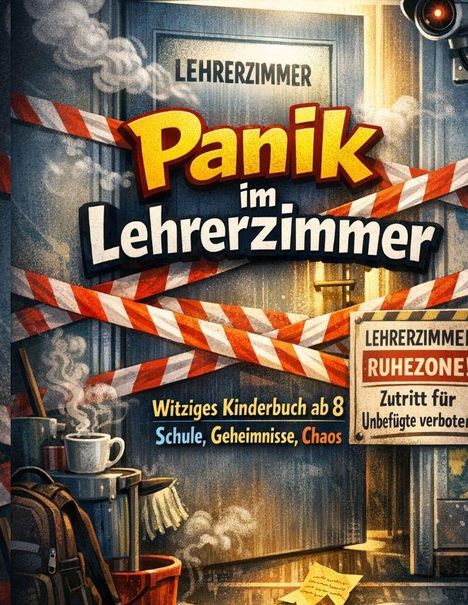 „Panik im Lehrerzimmer“, witziges Kinderbuch ab 8. Tür mit Absperrband, Schild „Ruhezone“, Kaffeetasse und Schultasche.