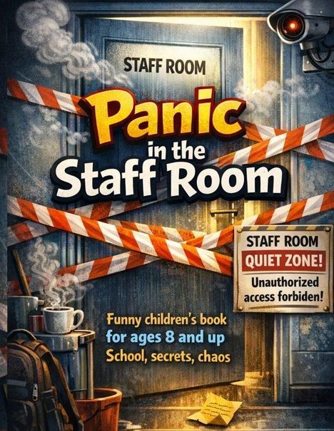 Text: "Panic in the Staff Room", "Staff Room Quiet Zone!", "Unauthorized access forbidden", "Funny children's book for ages 8 and up".

Beschreibung: Ein ominöser Raum mit Warnband und einer Überwachungskamera, Kaffeetassen und Notizen liegen herum.