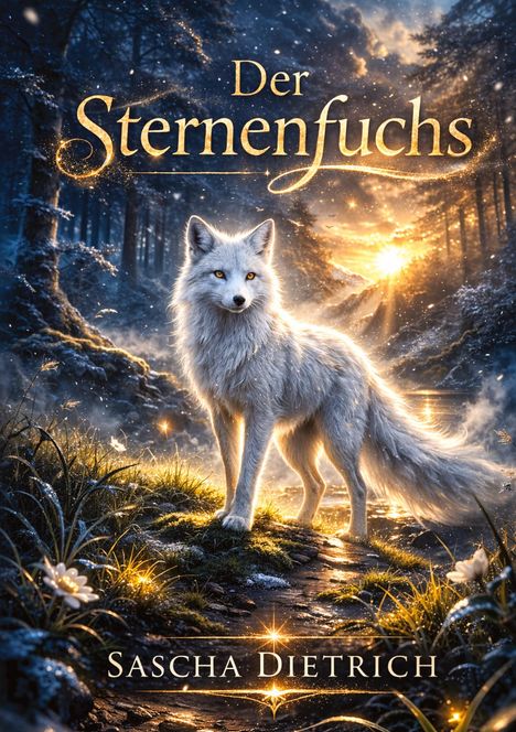 „Der Sternenfuchs“ und „Sascha Dietrich“. Ein weißer Fuchs steht in einem magischen Waldlicht mit funkelnden Details.