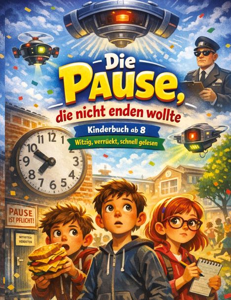 Text: "Die Pause, die nicht enden wollte. Kinderbuch ab 8. Witzig, verrückt, schnell gelesen." Illustration von Kindern, Drohnen, Uhr.