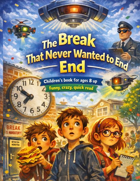 "The Break That Never Wanted to End." Kinderbuch ab 8 Jahren. Illustration von drei Kindern, fliegende Untertassen und ein Polizist.