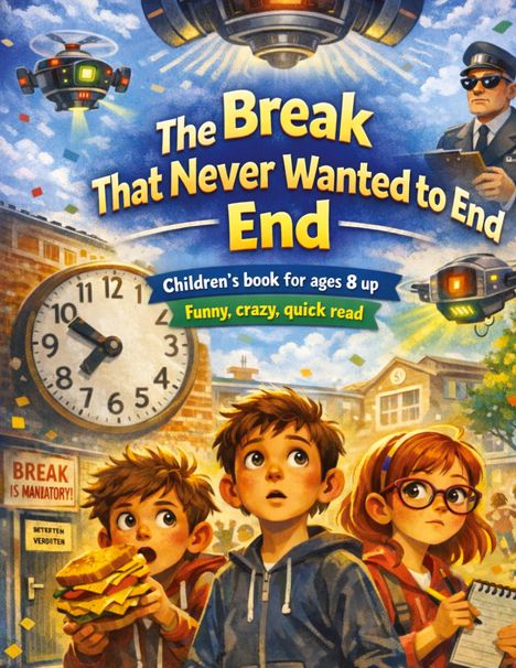 "The Break That Never Wanted to End. Funny, crazy, quick read. Drei Kinder schauen nach oben, UFOs und ein Polizist sind sichtbar."