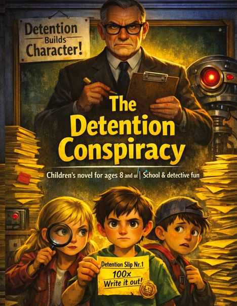 Buchtitel "The Detention Conspiracy". Illustration mit strengen Lehrer, Detektivkindern und Stapeln von Papier.