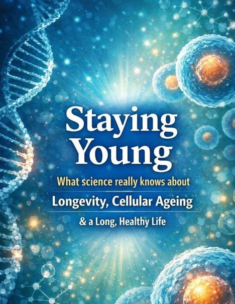 Text: Staying Young, What science really knows about Longevity, Cellular Ageing & a Long, Healthy Life. Illustration: DNA und Zellen.