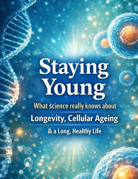 Text: "Staying Young: What science really knows about Longevity, Cellular Ageing & a Long, Healthy Life." Darstellung von DNA und Zellen.
