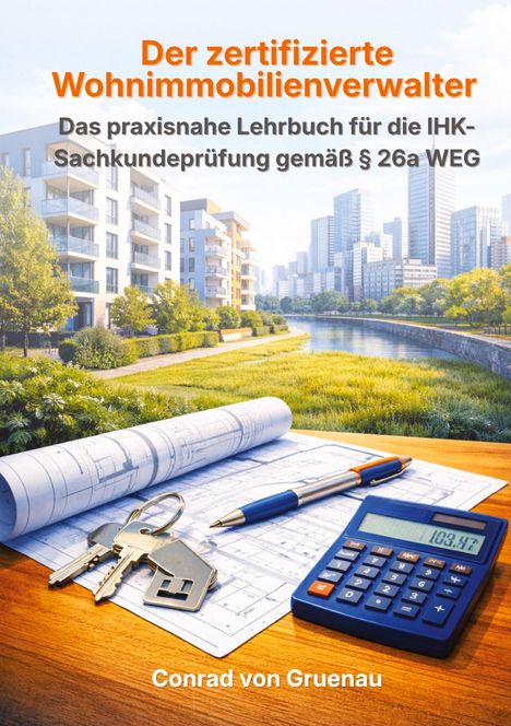 „Der zertifizierte Wohnimmobilienverwalter“ steht über Bauplänen mit Schlüssel, Stift, Taschenrechner. Im Hintergrund moderne Gebäude.