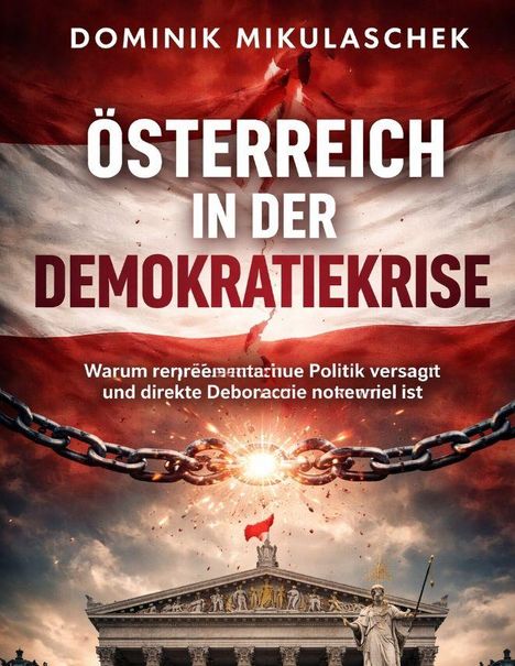 Titel: "Österreich in der Demokratiekrise". Autor: Dominik Mikulaschek. Illustration mit zerrissener Fahne und Kette vor Parlamentsgebäude.